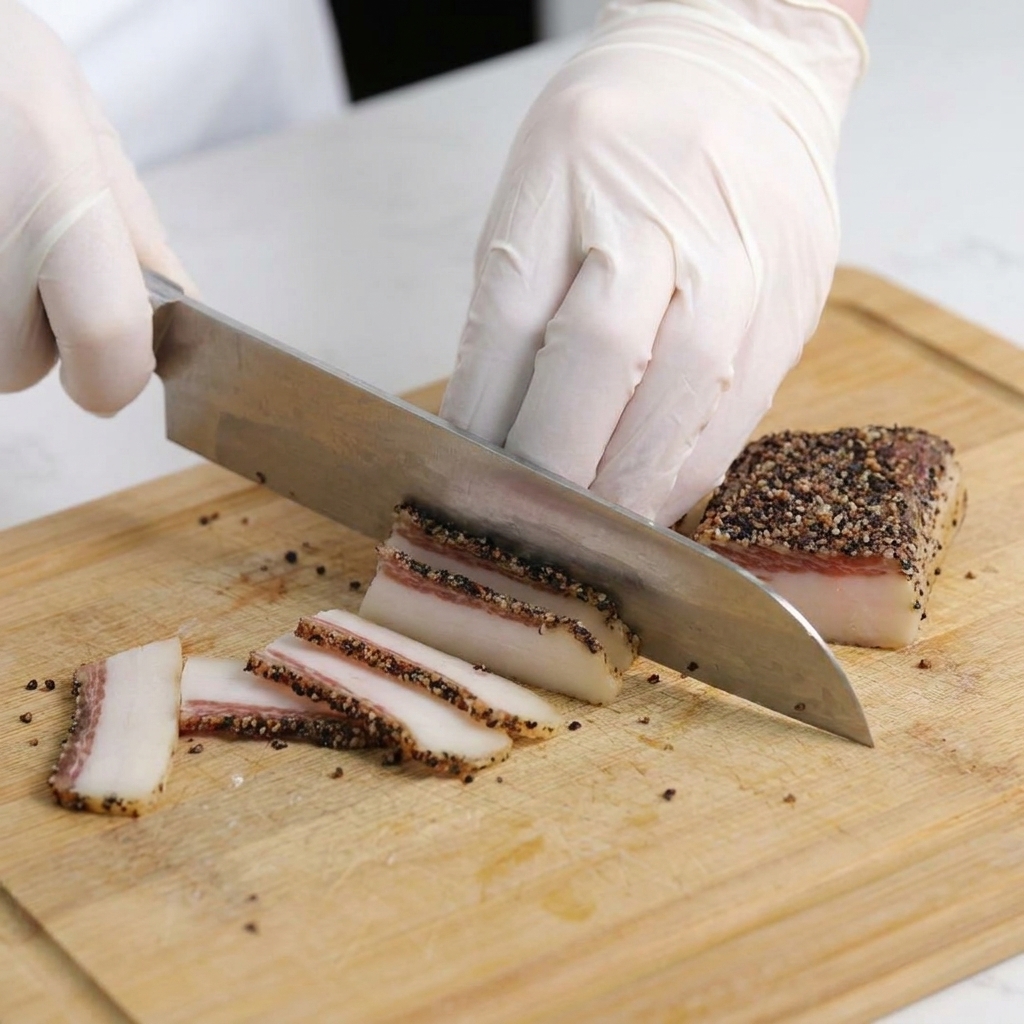 Manos con guantes blancos cortando tiras de guanciale con pimienta sobre una tabla de madera.