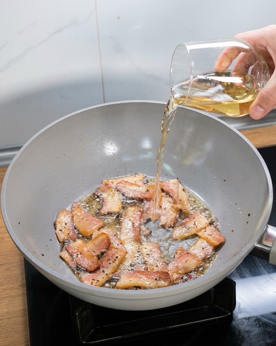 Vertiendo vino blanco seco en una sartén caliente con guanciale dorado.