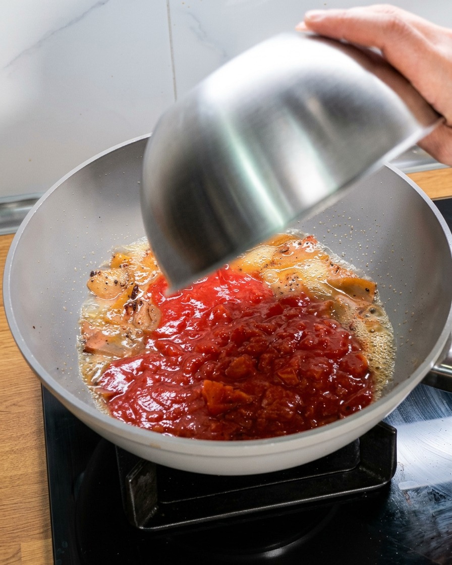 Añadiendo tomates triturados a la sartén con la carne y la grasa derretida.