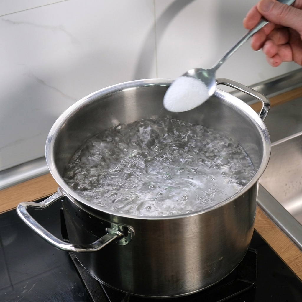 Una mano añadiendo sal blanca a una olla de acero con agua hirviendo.