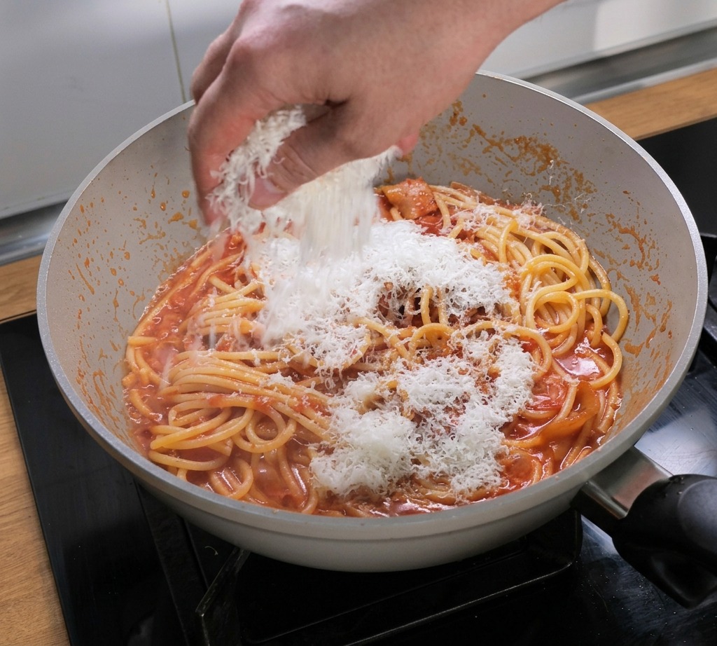 Espolvoreando queso rallado sobre la pasta con salsa de tomate en la sartén.