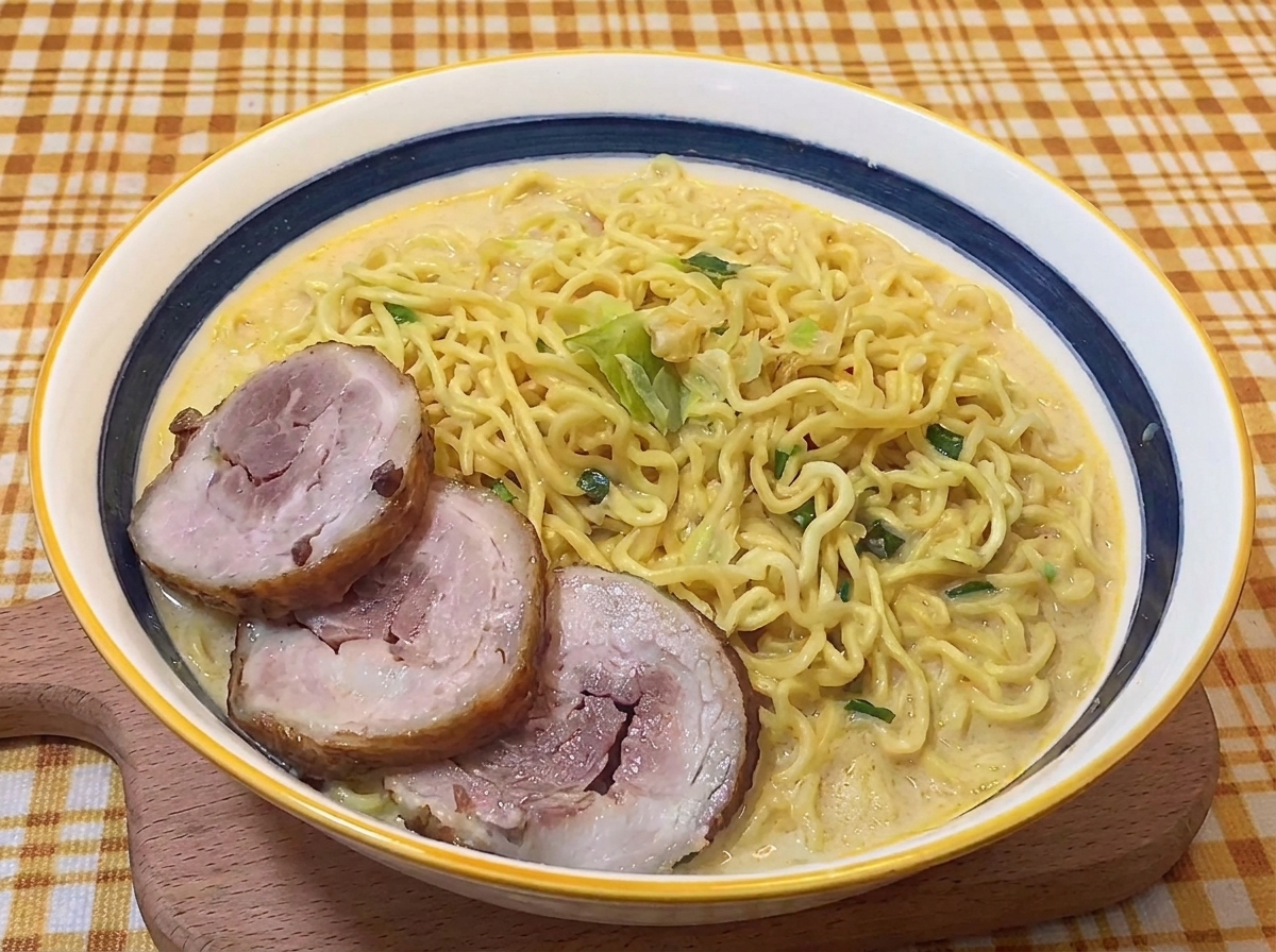 Tres rodajas de chashu sobre los fideos en el caldo cremoso.