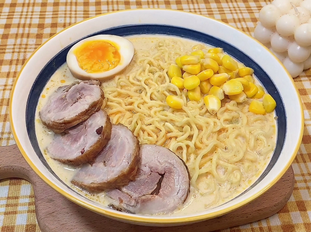 Bol de ramen con chashu, maíz dulce amarillo y medio huevo mollet.