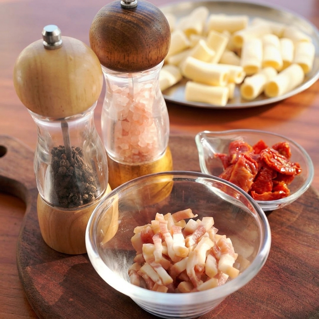 Un pequeño cuenco de cristal lleno de guanciale crudo en dados sobre una tabla de madera, rodeado de pasta y tomates secos.