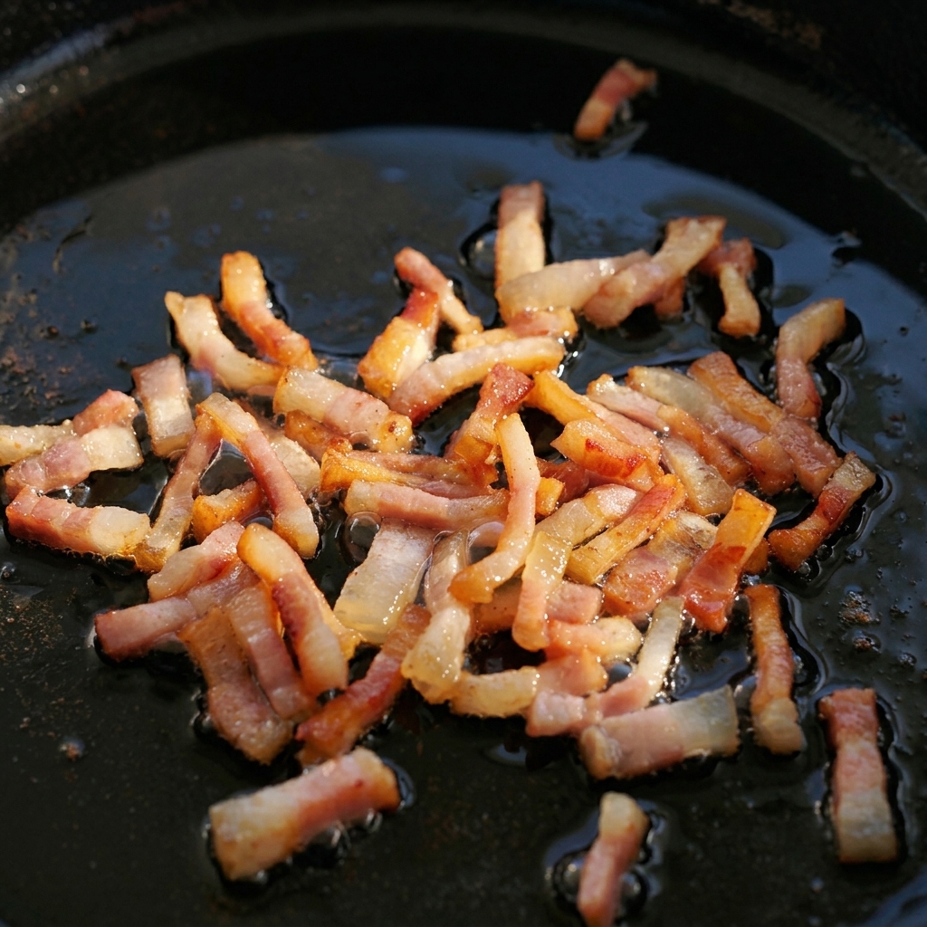 Pequeños trozos de guanciale dorándose y chisporroteando en su propia grasa en una sartén de hierro fundido.