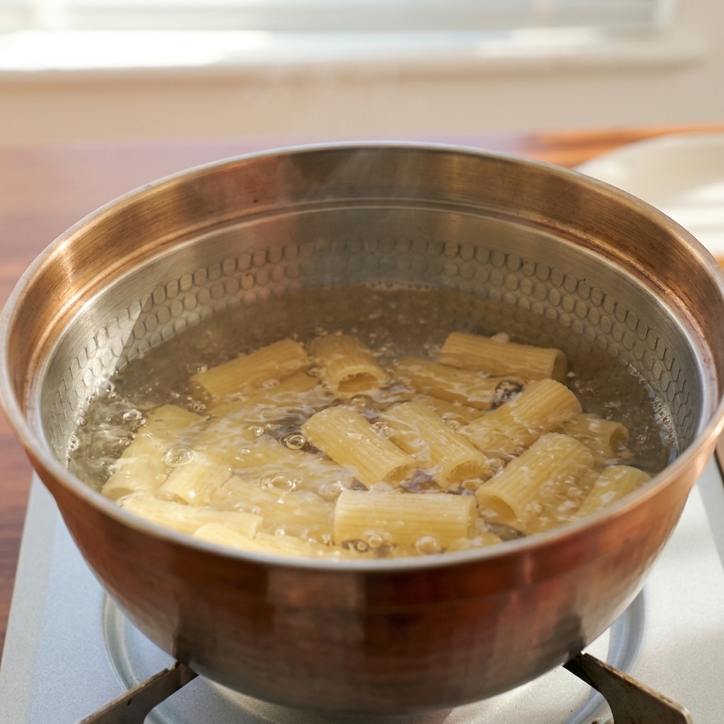 Pasta rigatoni hirviendo vigorosamente en una olla de acero inoxidable en el fuego.