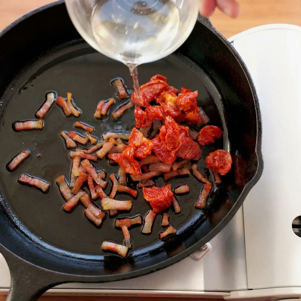 Tomates secos y guanciale crujiente cocinándose juntos en una sartén de hierro fundido.