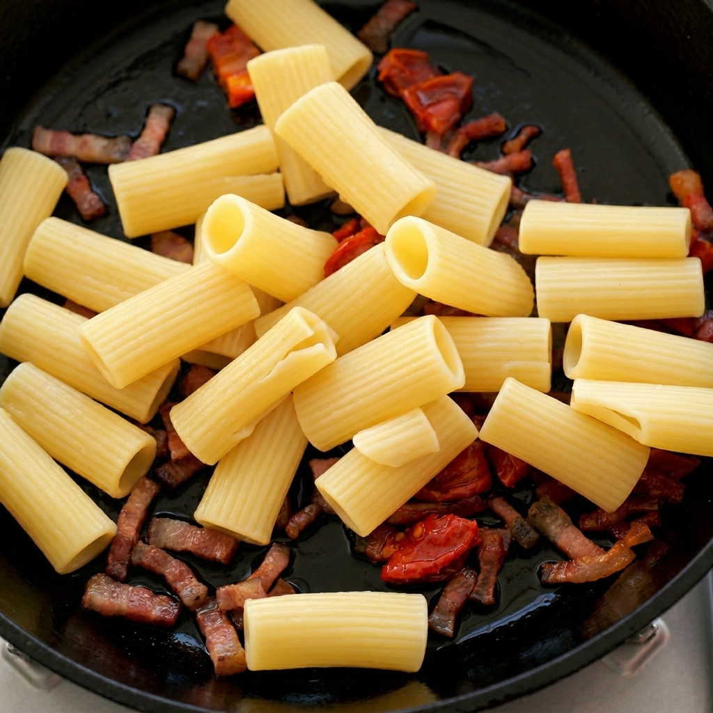 Pasta rigatoni hervida añadiéndose a una sartén de hierro fundido que contiene guanciale dorado y tomates secos.