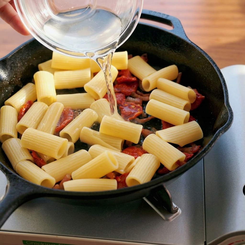 Vertiendo agua de cocción de la pasta desde un cuenco de cristal a una sartén con rigatoni, guanciale y tomates secos.