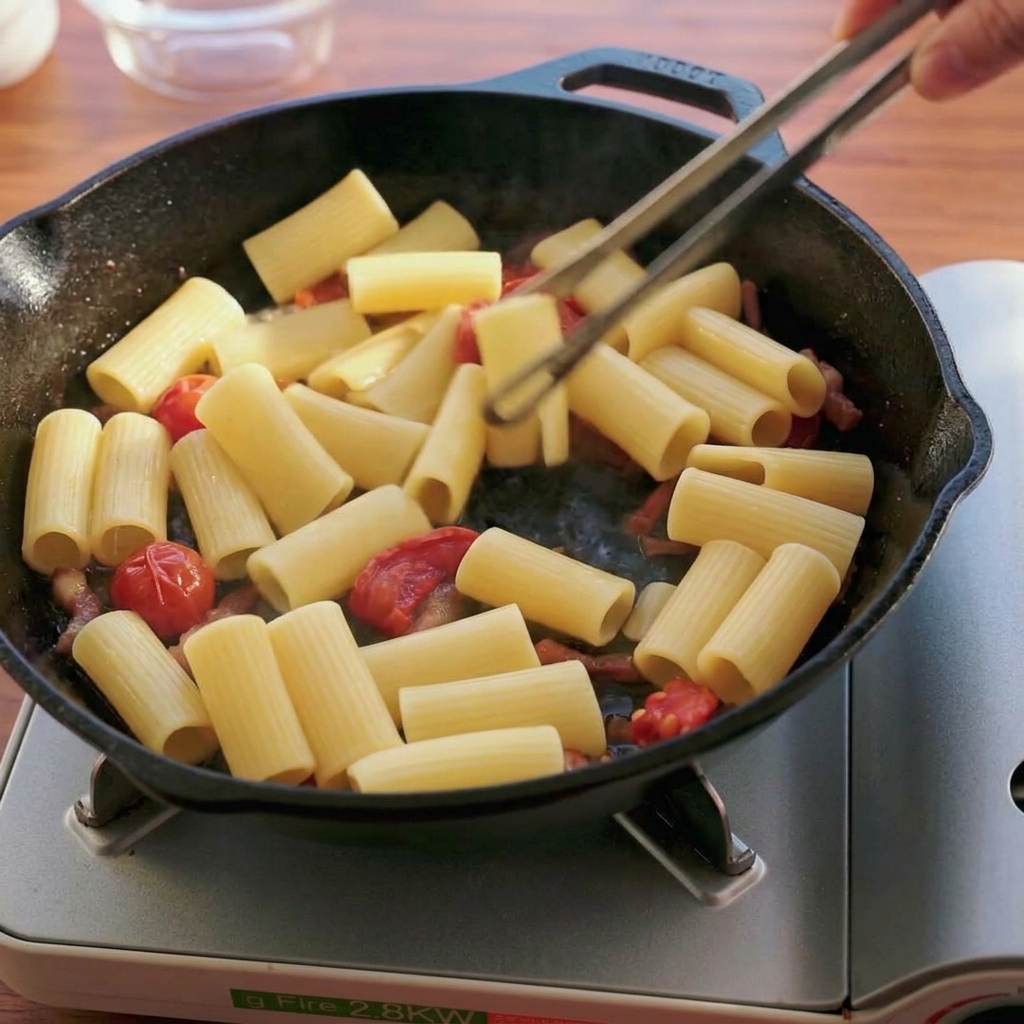 Unas pinzas mezclando pasta rigatoni con tomates secos y guanciale en una sartén negra.