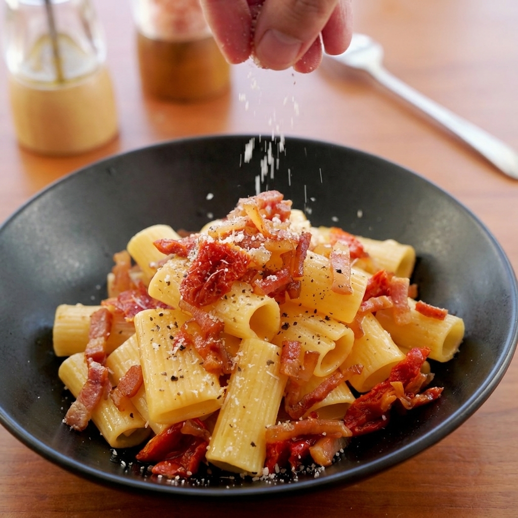 Una mano espolvoreando queso rallado sobre un plato hondo de pasta rigatoni con guanciale y tomates secos.