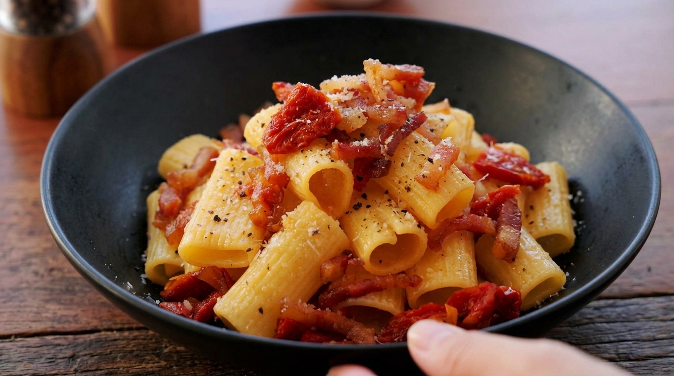 Rigatoni Clásicos con Guanciale y Tomates Secos