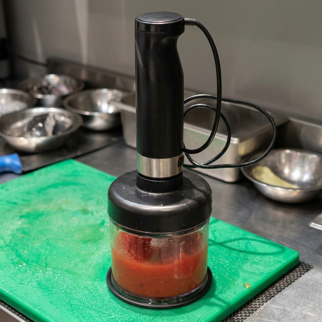 Una batidora de mano negra sumergida en un recipiente con tomates triturados de color rojo brillante.
