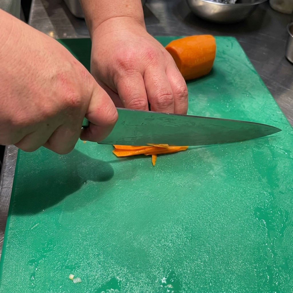 Manos de chef usando un cuchillo grande para picar finamente zanahorias sobre una tabla de cortar verde.