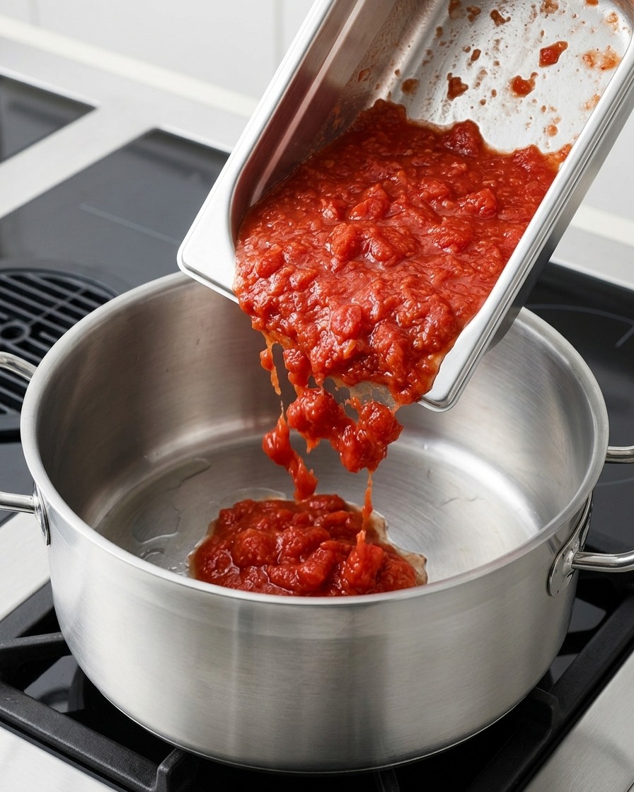 Puré de tomate rojo vertiéndose desde un contenedor metálico a una olla de acero inoxidable.