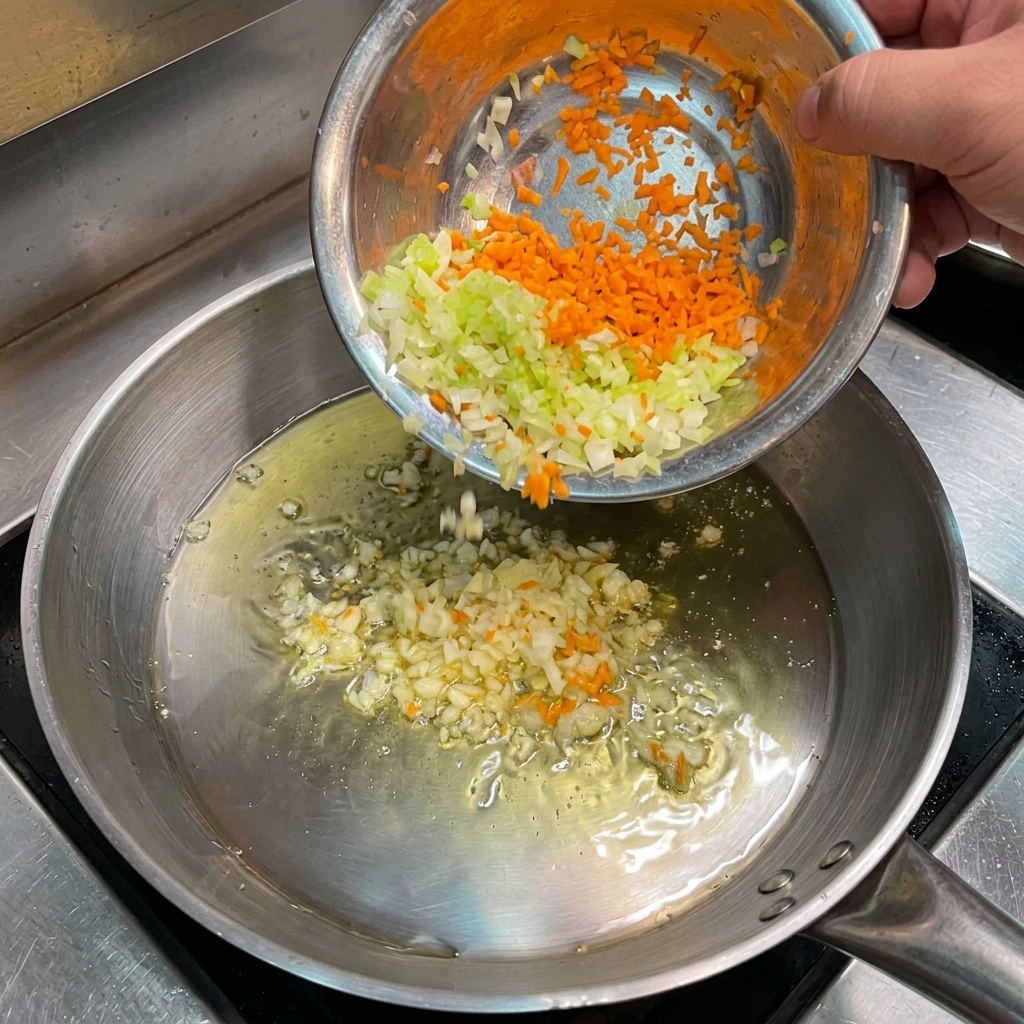 Zanahorias, apio y cebollas picadas vertiéndose en una sartén caliente con ajo sofrito.