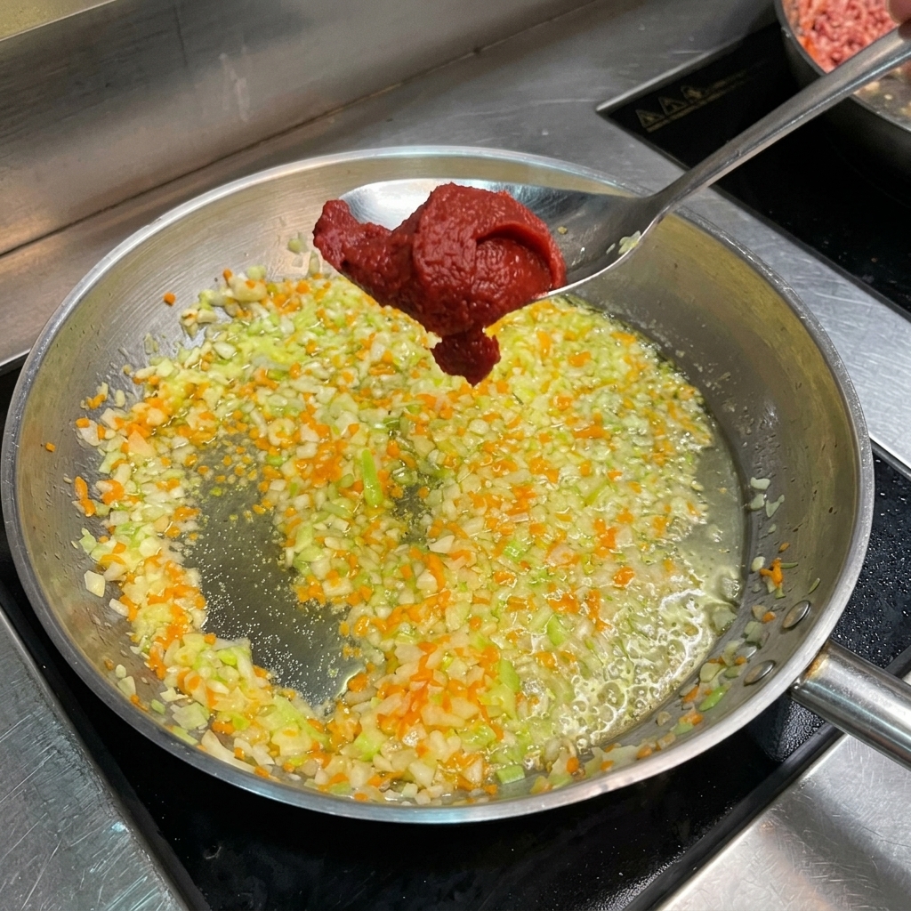 Una cucharada de pasta de tomate espesa y oscura sobre una sartén con verduras sofritas.