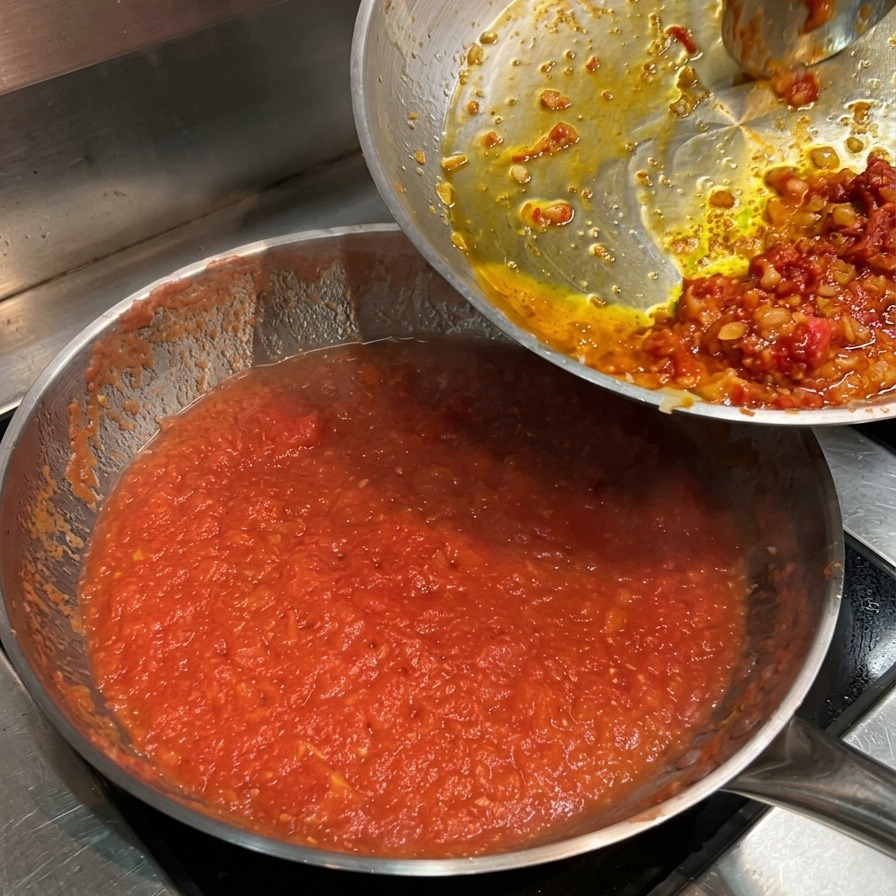 Pasando el sofrito de verduras de una sartén a una olla grande con puré de tomate hirviendo.