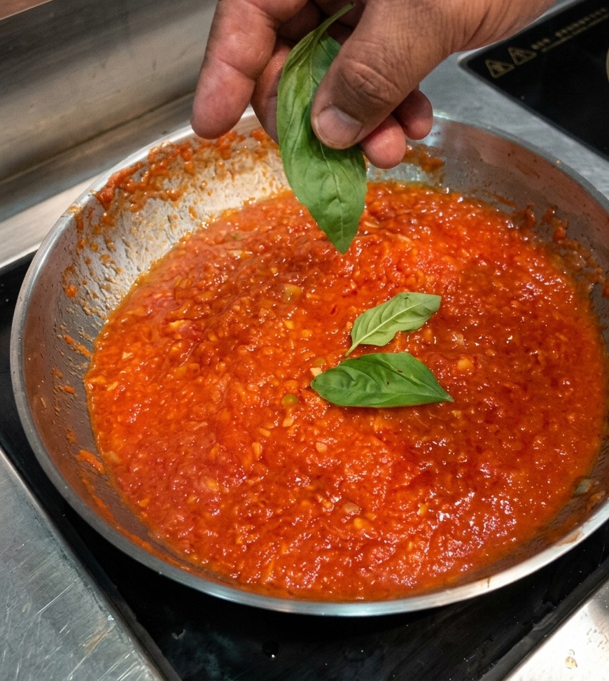Una mano dejando caer hojas de albahaca fresca en una sartén con salsa de tomate espesa.