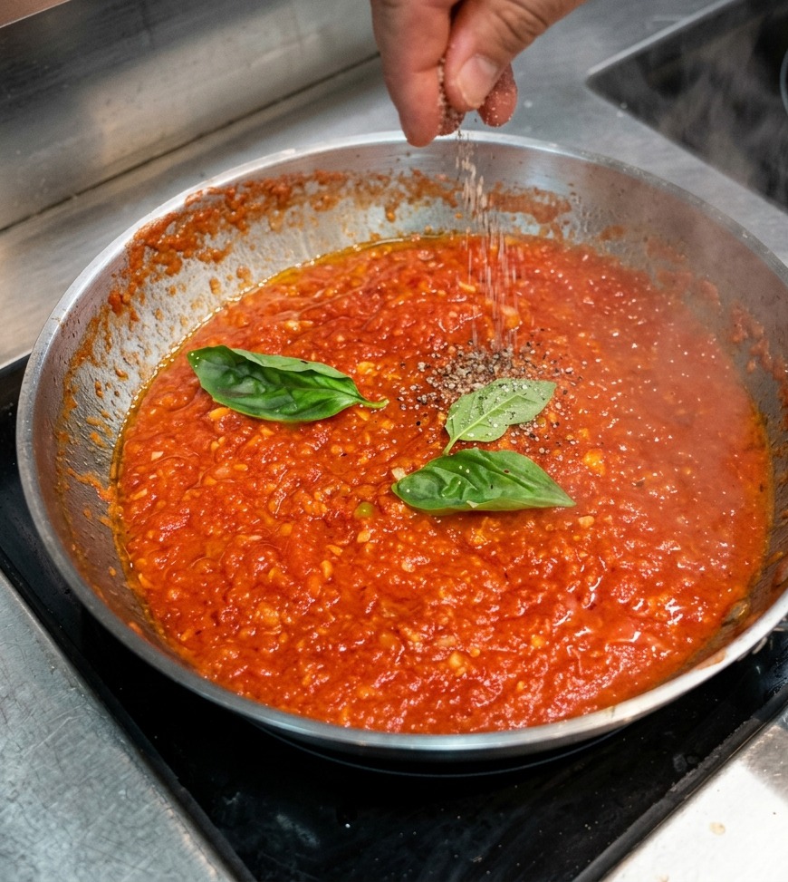 Una mano espolvoreando sal y pimienta sobre la salsa de tomate con albahaca.