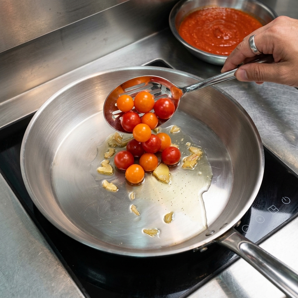 Una cuchara dejando caer tomates cherry rojos y naranjas en una sartén con aceite caliente.
