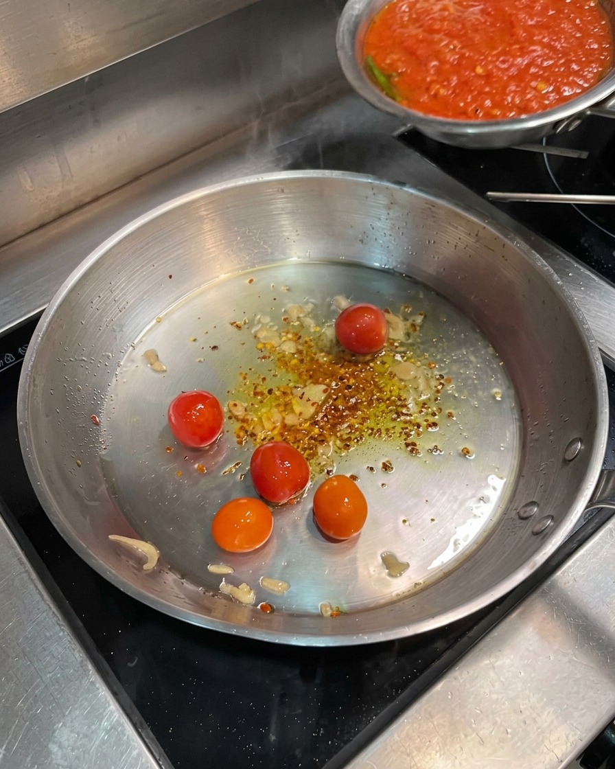 Vertiendo la salsa de tomate cocinada en la sartén con los tomates cherry y guindilla.