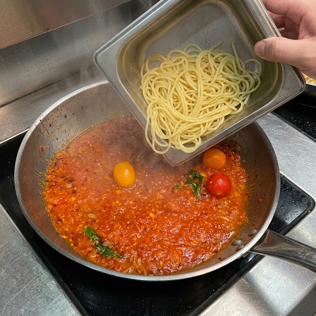 Espaguetis cocidos añadiéndose a una sartén con salsa de tomate burbujeante.