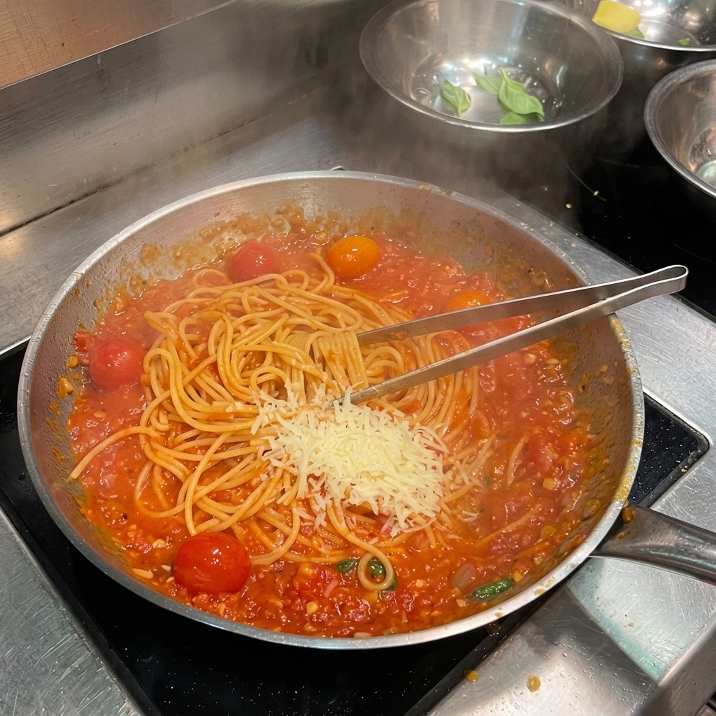 Espaguetis con salsa de tomate coronados con queso parmesano y un trozo de mantequilla.