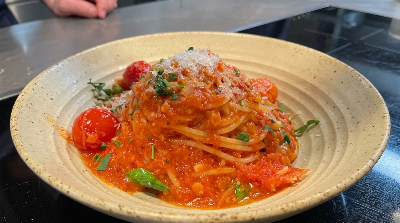 Espaguetis con salsa de tomate casera y albahaca