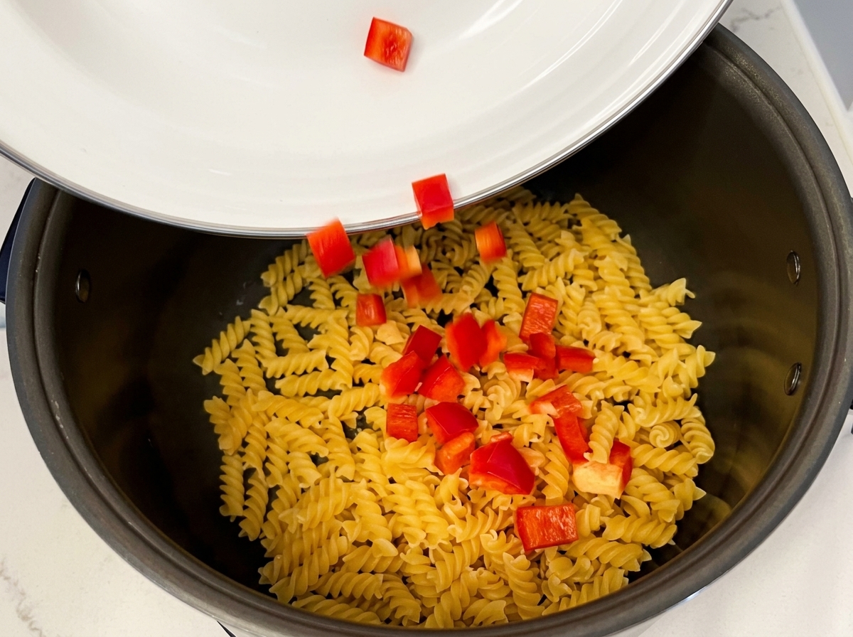 Pimiento rojo picado cayendo sobre la pasta fusilli seca dentro de la arrocera.