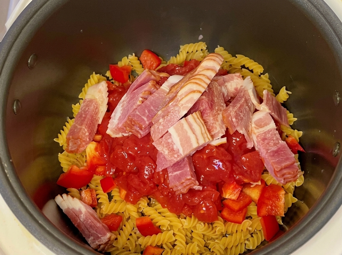 Lonchas gruesas de bacon crudo reposando sobre el tomate, los pimientos y la pasta en la arrocera.