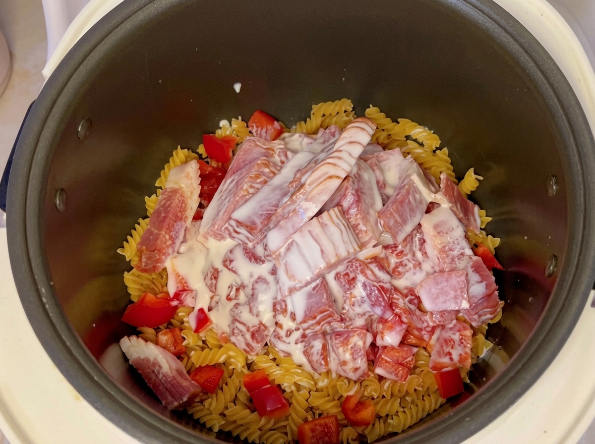 Leche vertiéndose sobre el bacon, el tomate y la pasta dentro del recipiente de la arrocera.