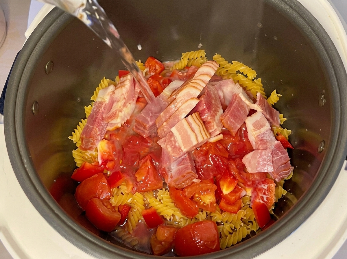 Agua caliente vertiéndose en la arrocera que contiene pasta, tomates, bacon y leche.