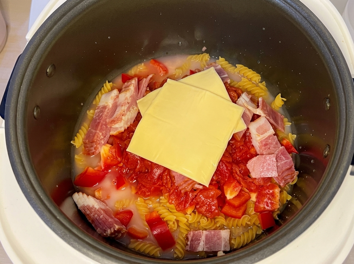 Dos lonchas de queso fundido sobre la pasta, el tomate, los pimientos y el bacon bañados en líquido.