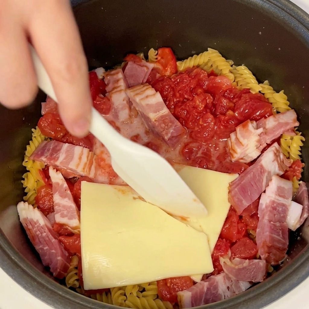 Una mano usando una espátula blanca para remover la pasta, el bacon, el tomate y el queso en la arrocera.