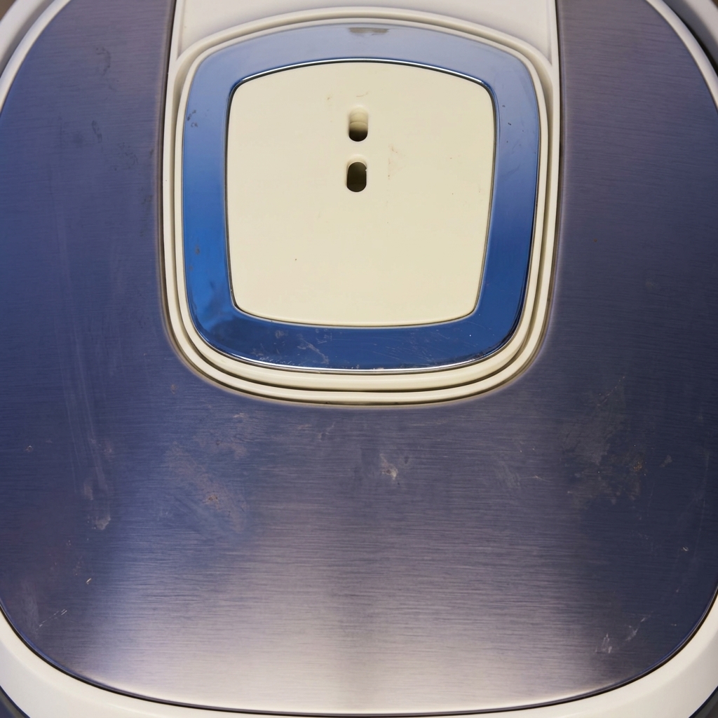 Panel superior y tapa cerrada de una arrocera moderna de color azul y blanco.