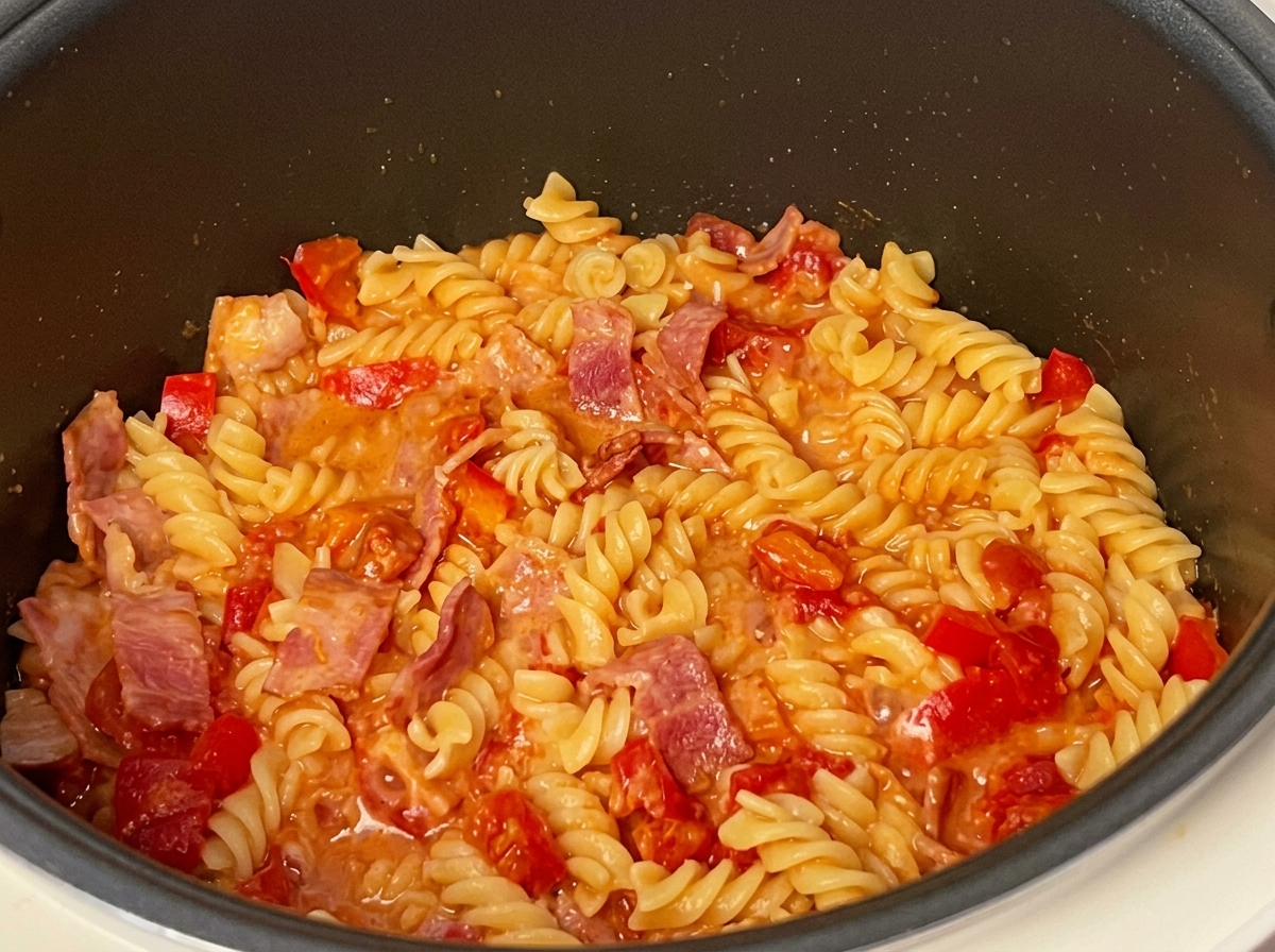 Pasta fusilli totalmente cocinada en una salsa de tomate espesa con trozos de bacon visibles.