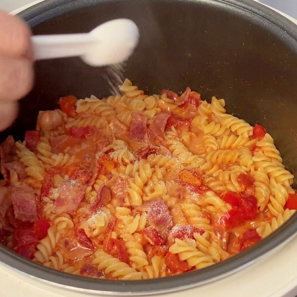Mano con una cuchara pequeña espolvoreando sal sobre la pasta con tomate y bacon recién hecha.