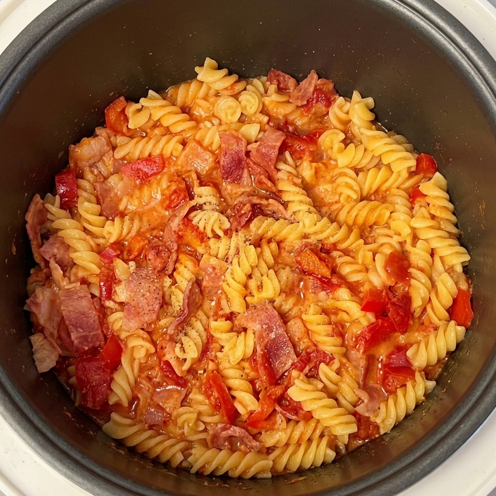 Pasta fusilli cocida en salsa roja, con una capa visible de pimienta negra espolvoreada por encima.