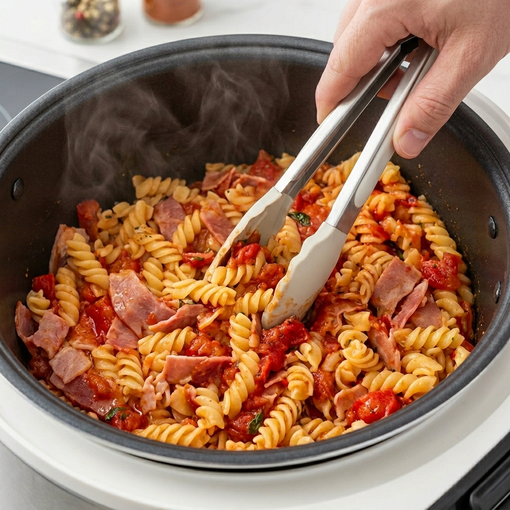 Manos usando pinzas para mezclar pasta fusilli humeante, tomate y tiras de bacon en la olla antiadherente.