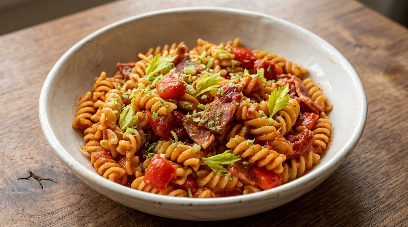 Pasta con tomate y bacon en arrocera