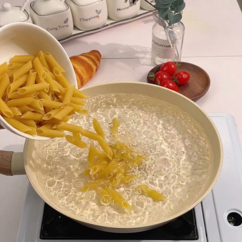 Vertiendo pasta penne seca desde un bol blanco a una sartén con agua hirviendo.