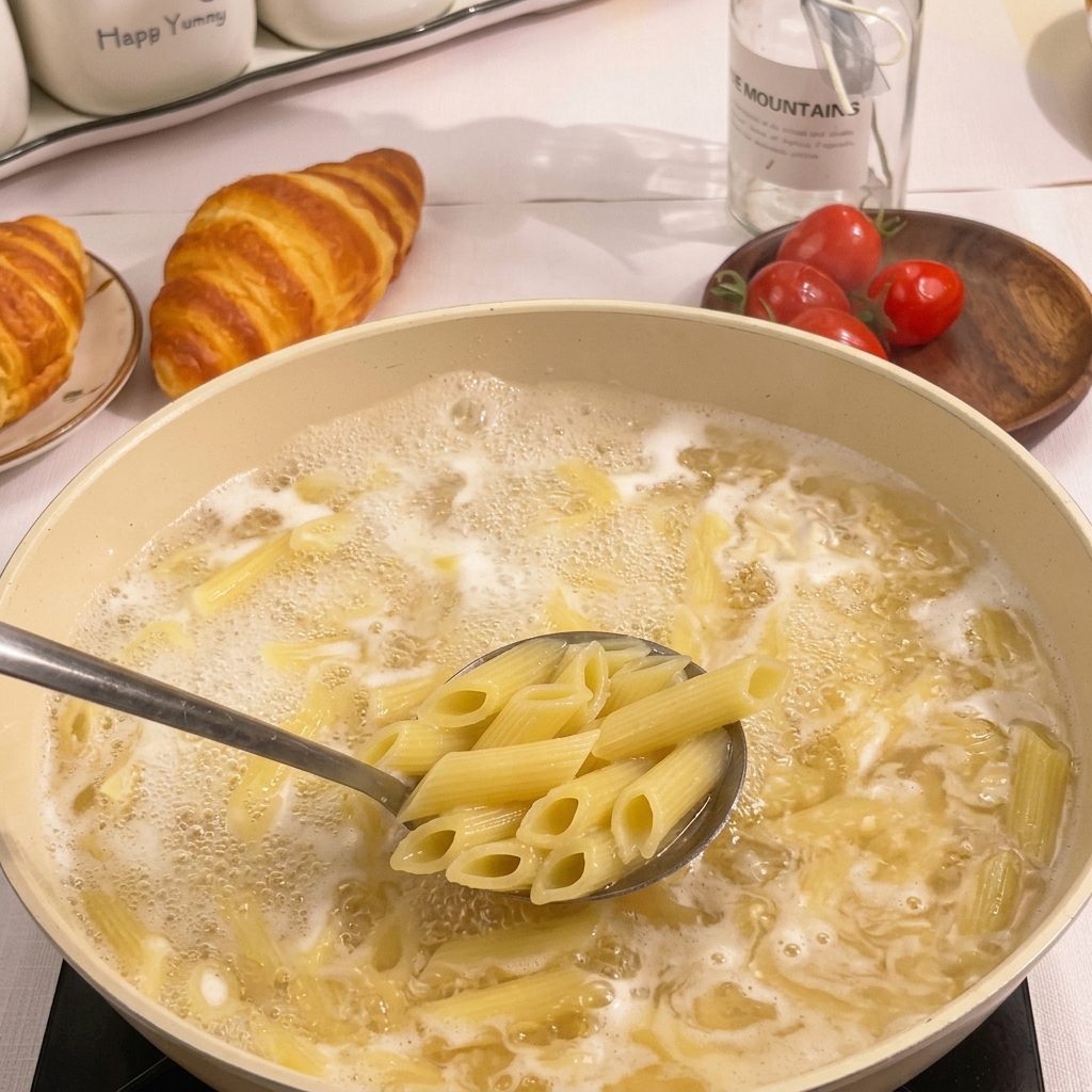 Una espumadera de metal sacando pasta penne cocida de una olla con agua hirviendo.