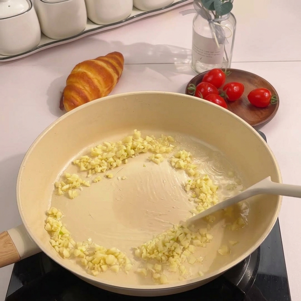 Ajo picado sofriéndose en una capa ligera de aceite en una sartén antiadherente de color beige.