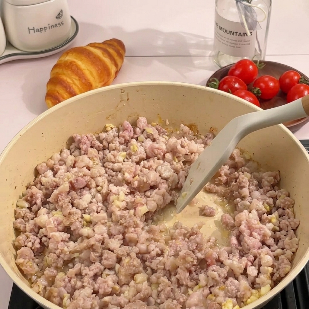 Carne de cerdo picada salteándose y desmenuzándose con una espátula de silicona en una sartén caliente.
