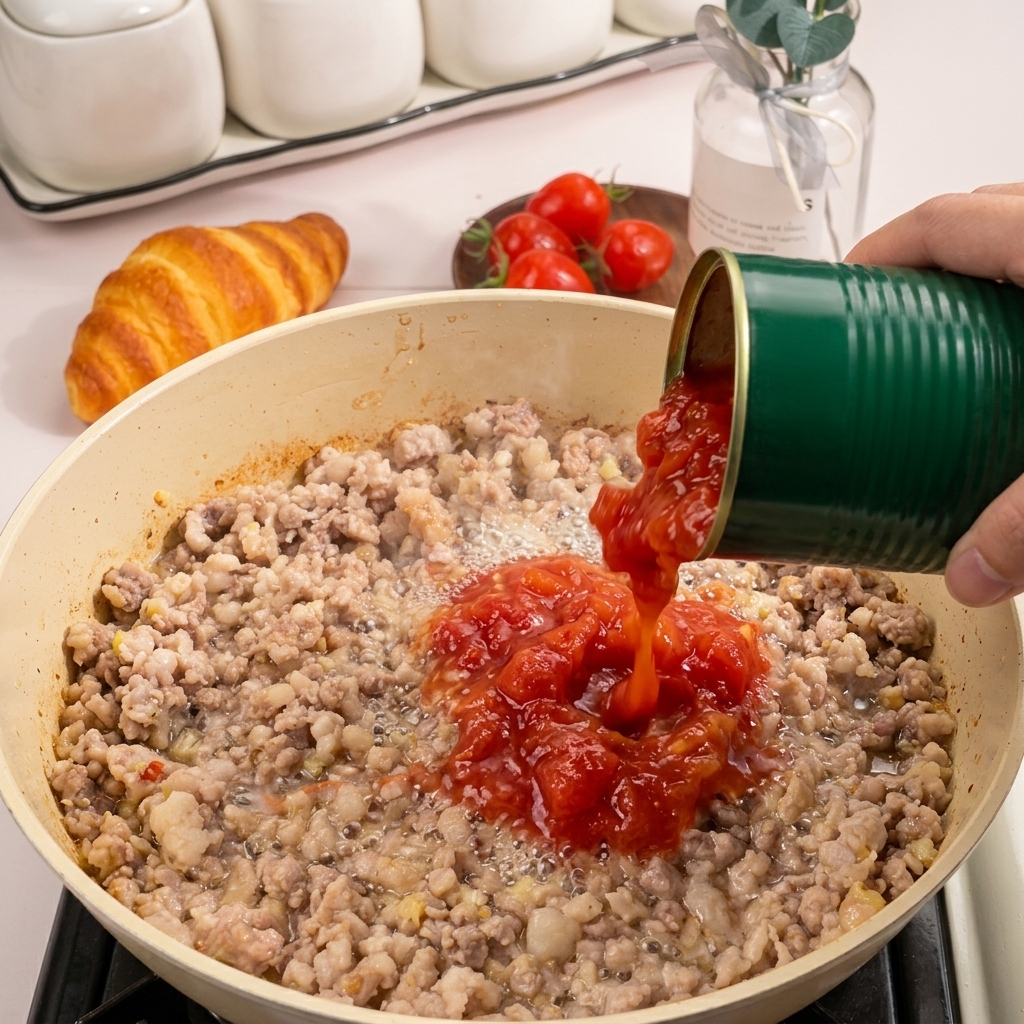 Vertiendo una lata de tomates troceados en una sartén con carne picada cocinada.