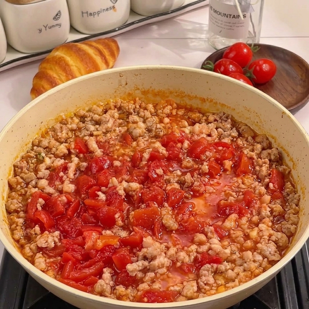 Una salsa roja espesa hirviendo a fuego lento hecha de tomates y carne picada en una skillet.