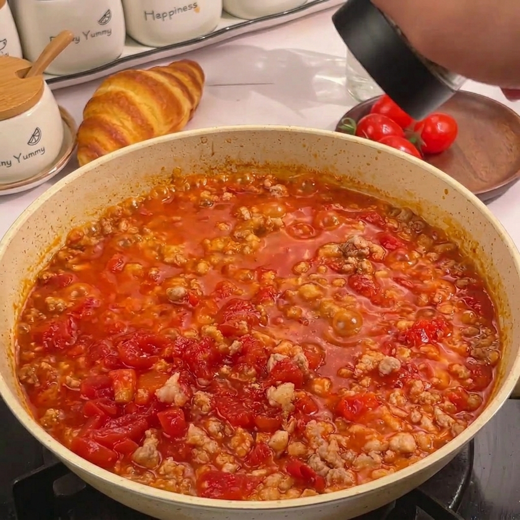 Una mano usando un molinillo negro para espolvorear pimienta sobre una salsa de tomate y carne picada en una sartén blanca moteada.
