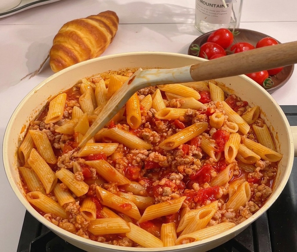 Una espátula mezclando pasta penne cocida en una salsa roja de tomate y carne en una sartén amplia.