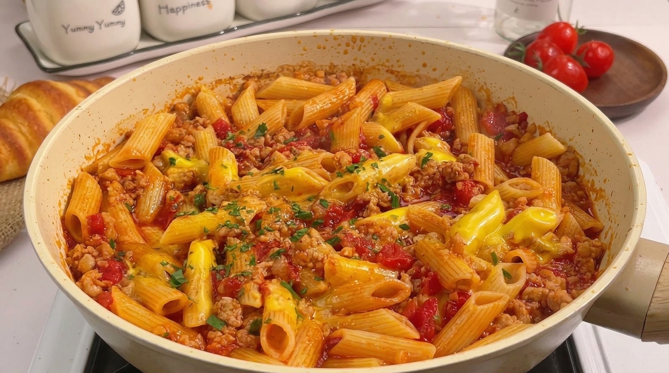 Penne con Tomate, Carne Picada y Queso Fundido